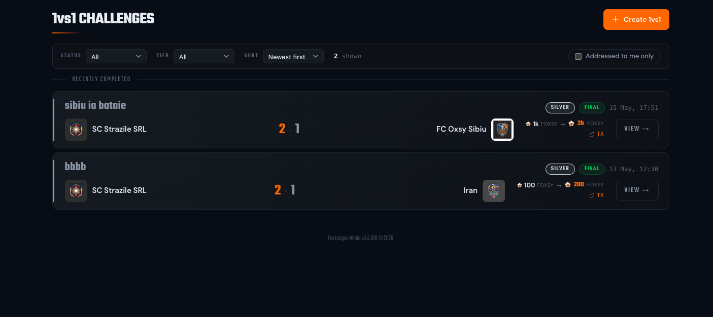 1vs1 Challenges lobby (filterable list of open and completed challenges with tier badges and FOXSY pools)