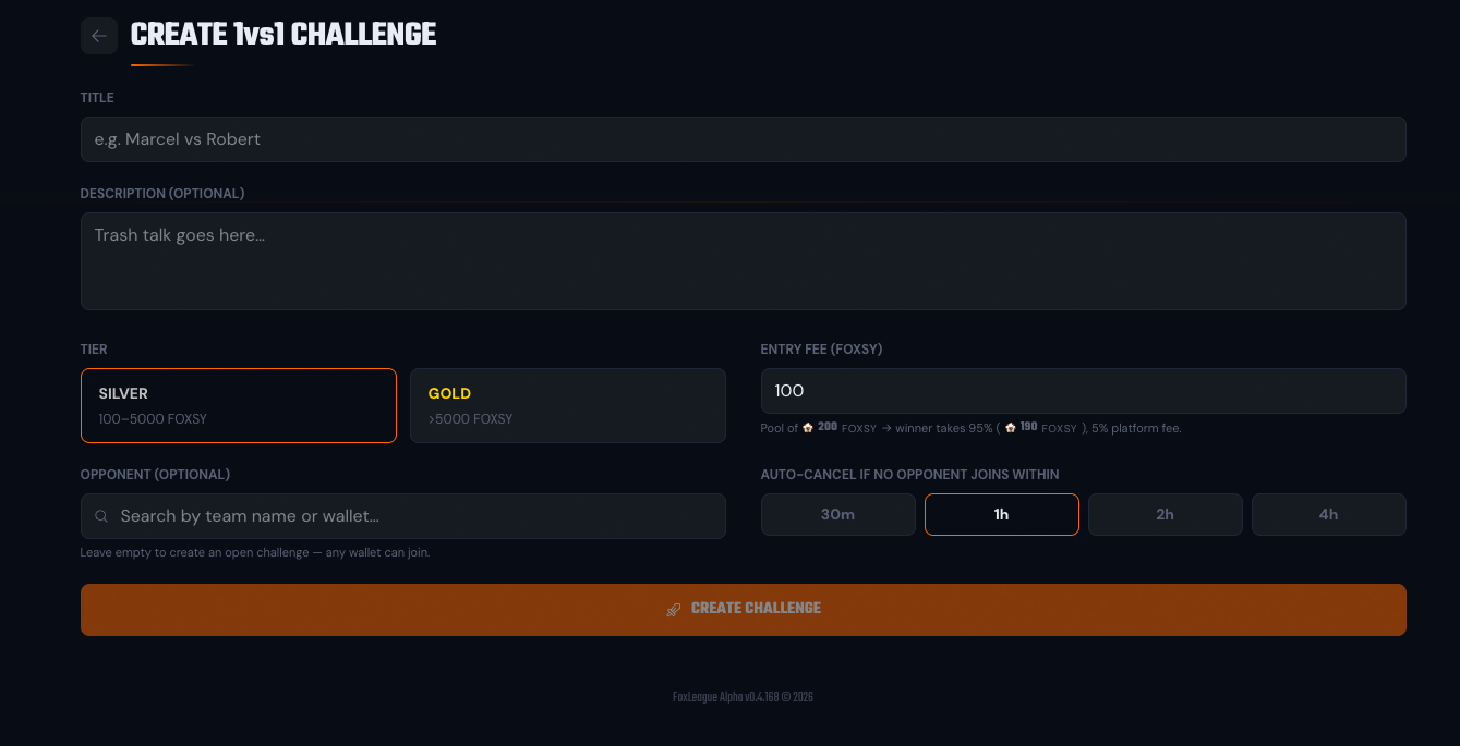 Create 1v1 Challenge form (title, description, tier picker, entry fee with live pool calculator, opponent search, deadline buttons)