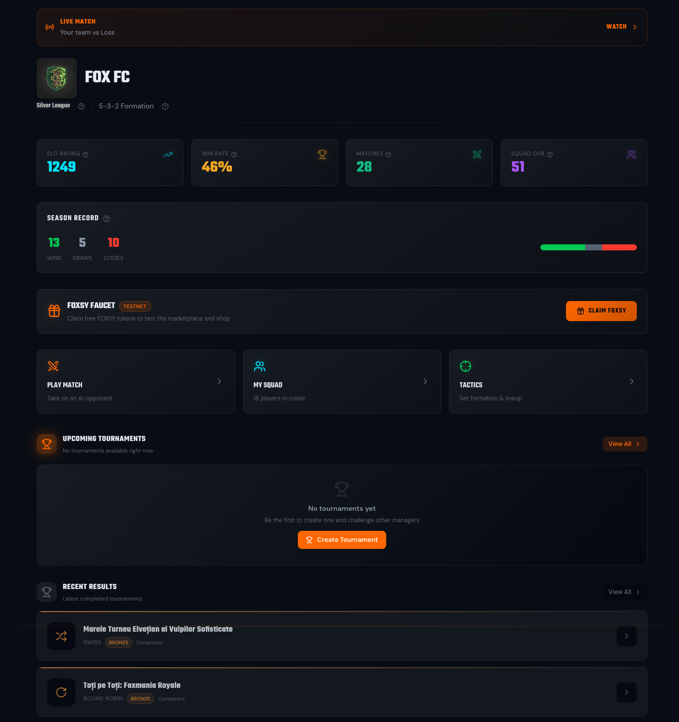 Dashboard (your team, KPIs, season record, quick actions, upcoming tournaments)