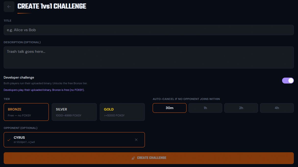 Create 1v1 Challenge with the Developers challenge toggle on, the Bronze tier selected, a developer opponent picked