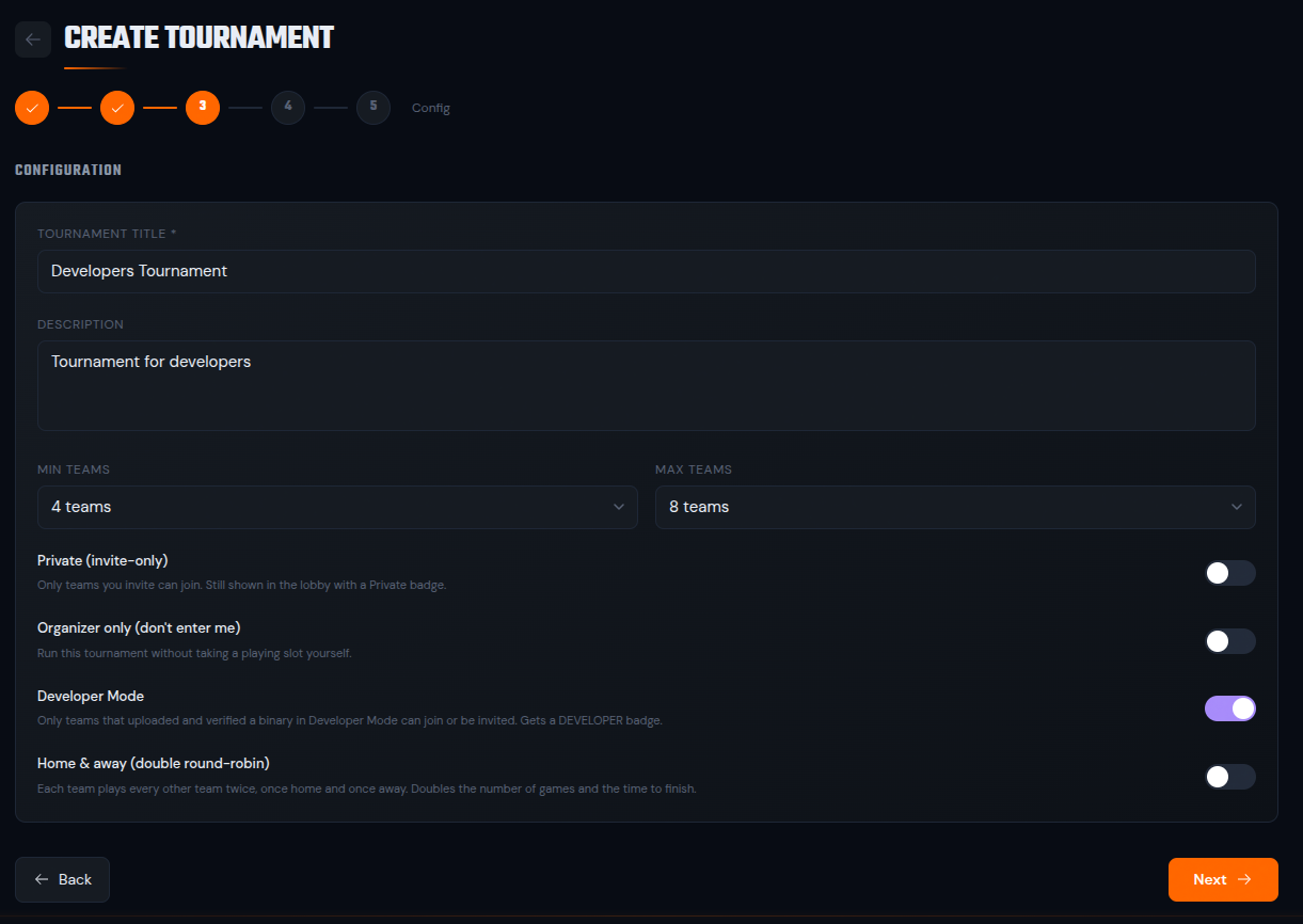 Create Tournament config step with the Developers Hub toggle on