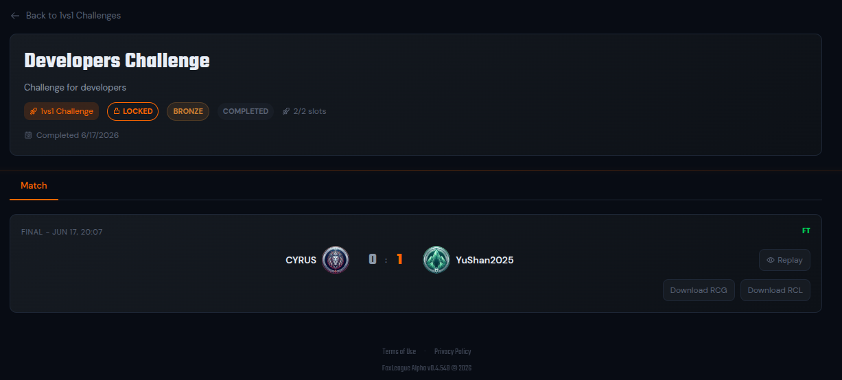 A completed developer challenge with its match, the Replay, the Download RCG and Download RCL buttons