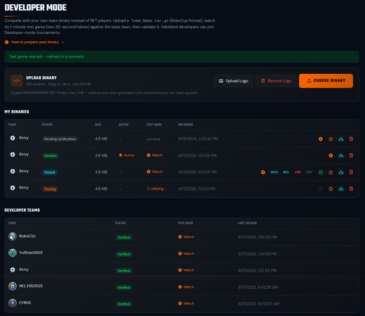 The Developers Hub page: the Upload Binary card with the Upload Logo and Remove Logo buttons, the My Binaries table, the Developer Teams list below