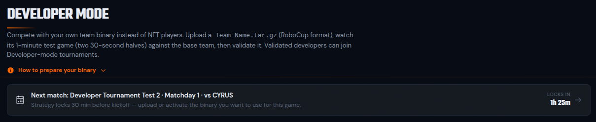 The next-match strategy-lock reminder on the Developers Hub page, pointing at the active binary