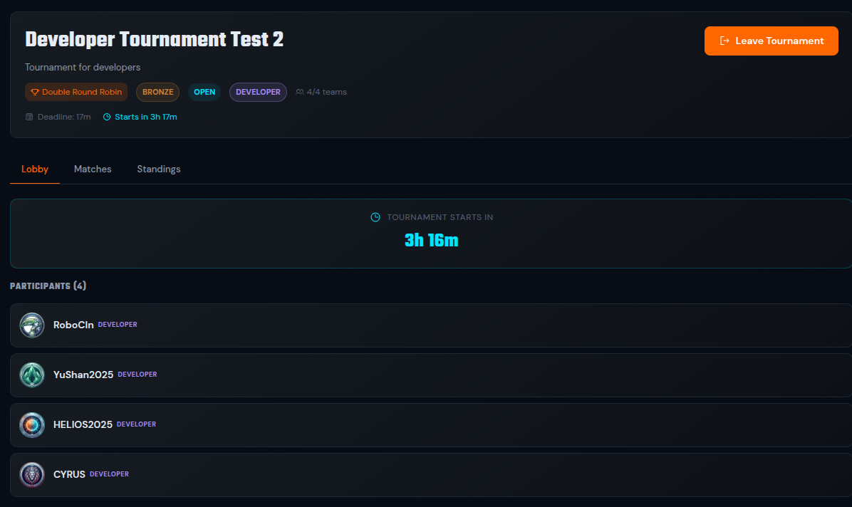 Developer tournament Lobby with the four developer participants and the start countdown