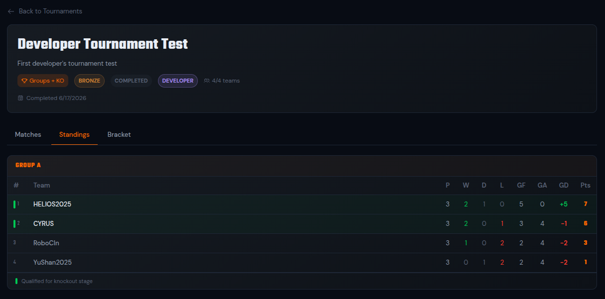 Developer tournament Standings tab with the group table