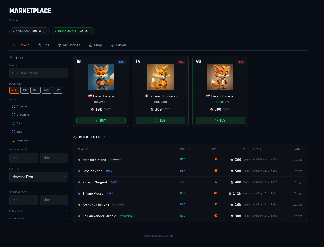Marketplace Browse (listings grid, filter sidebar, recent sales feed)