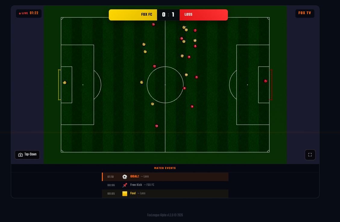 Match Viewer mid-match. Top-down pitch with live score and event feed