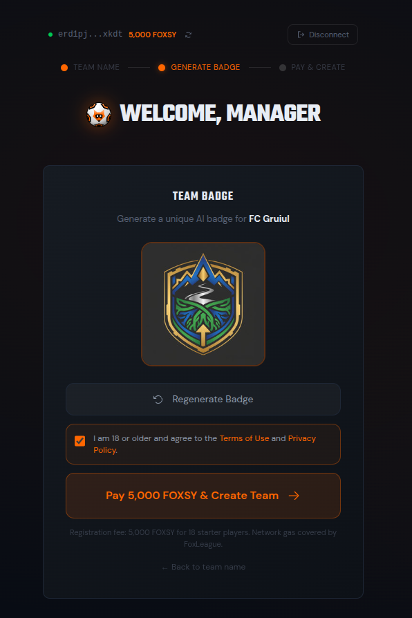 FOXSY arrived in wallet (top-bar pill) and the team-creation step is ready with the disclaimer ticked and the Pay button live