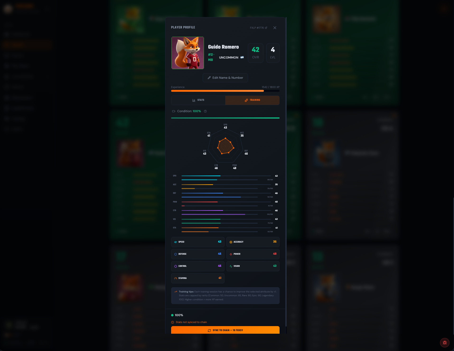 Player Profile with Training tab. Radar chart, stat bars, training buttons