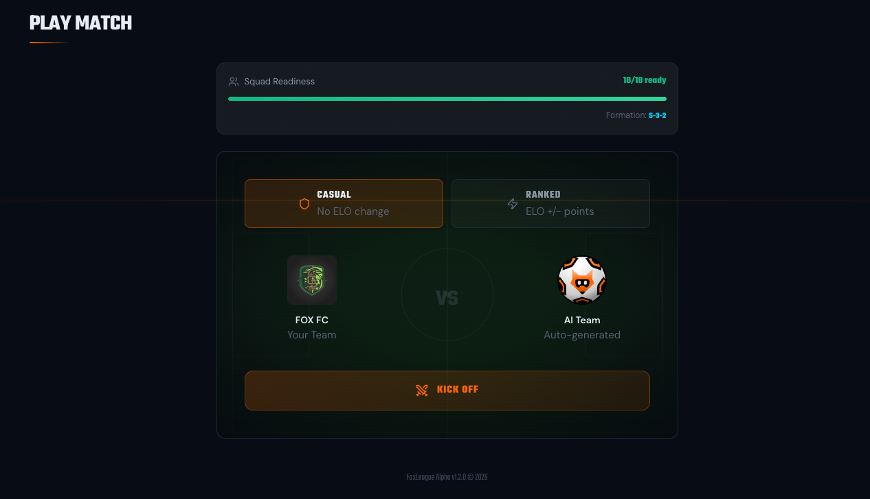 Play Match screen with Squad Readiness and the KICK OFF button