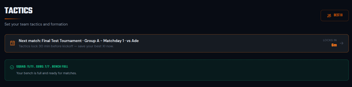 The next-match tactics-lock countdown banner at the top of the Tactics page