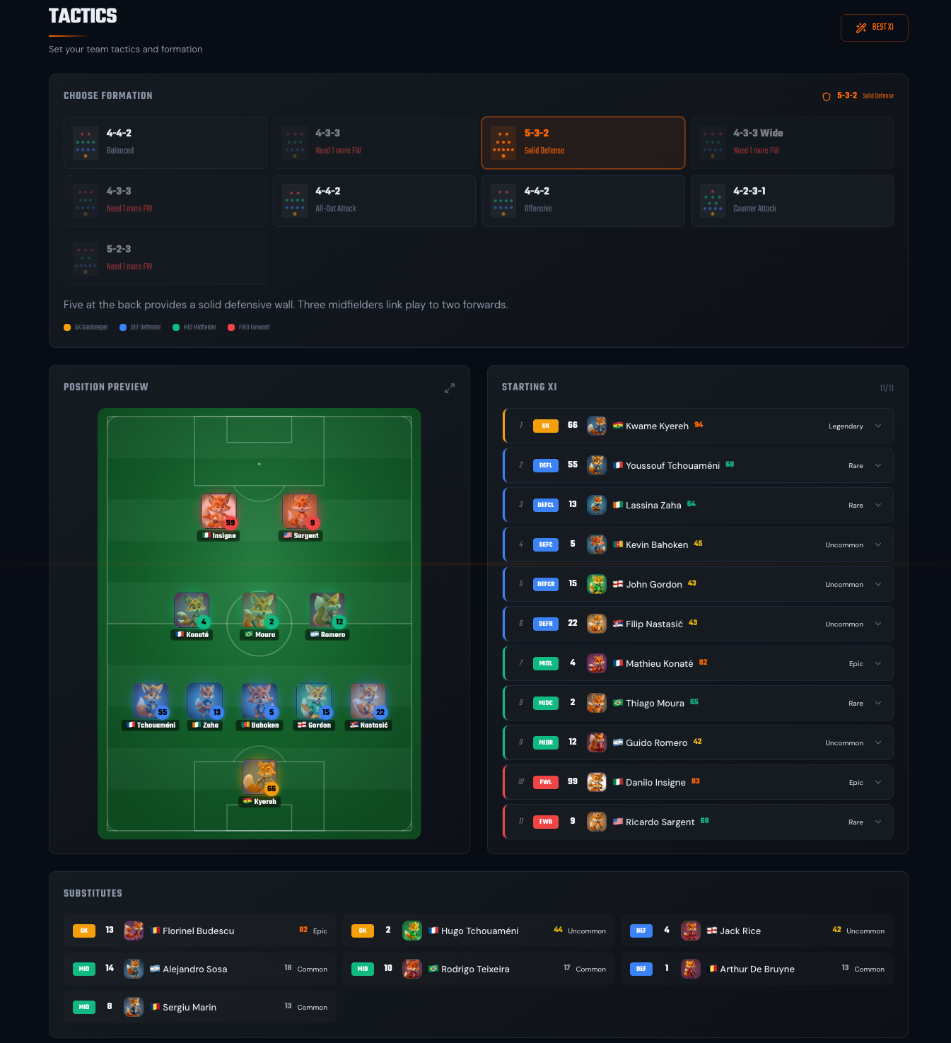 Tactics page with the formation picker, play-style selector and the BEST XI auto-pick button