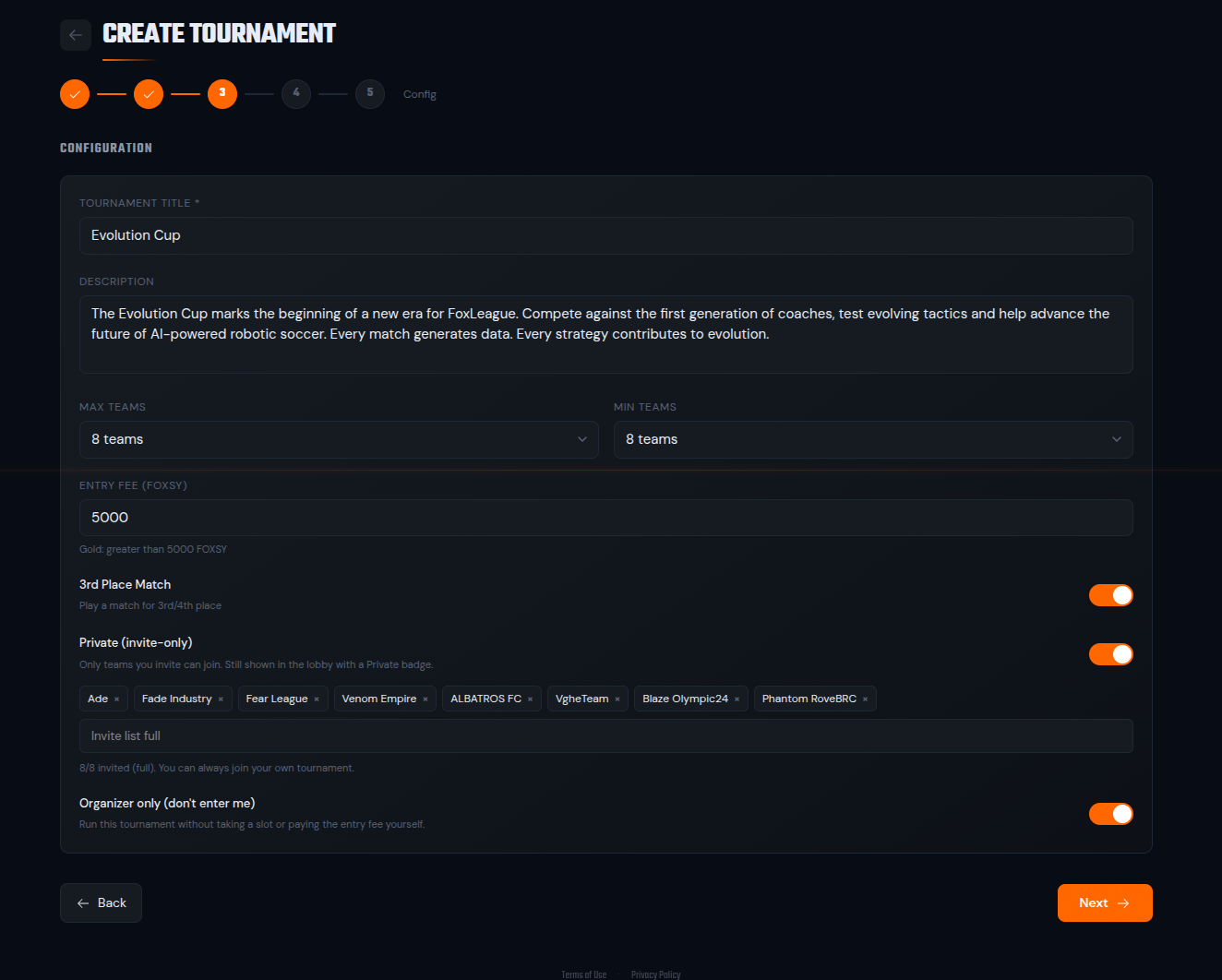 Create Tournament configuration step with the Private (invite-only) toggle on, the eight invited teams listed below it, plus the Organizer only toggle