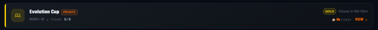A private tournament in the lobby, marked with a PRIVATE badge next to its title